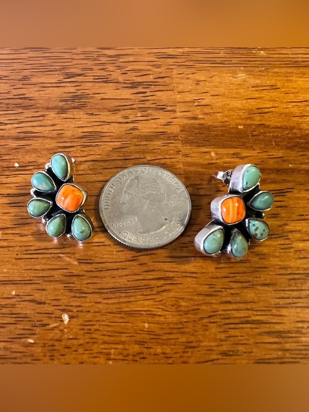 Kingman Turquoise & Spiny Oyster Half Cluster Earrings - Picture 6 of 8